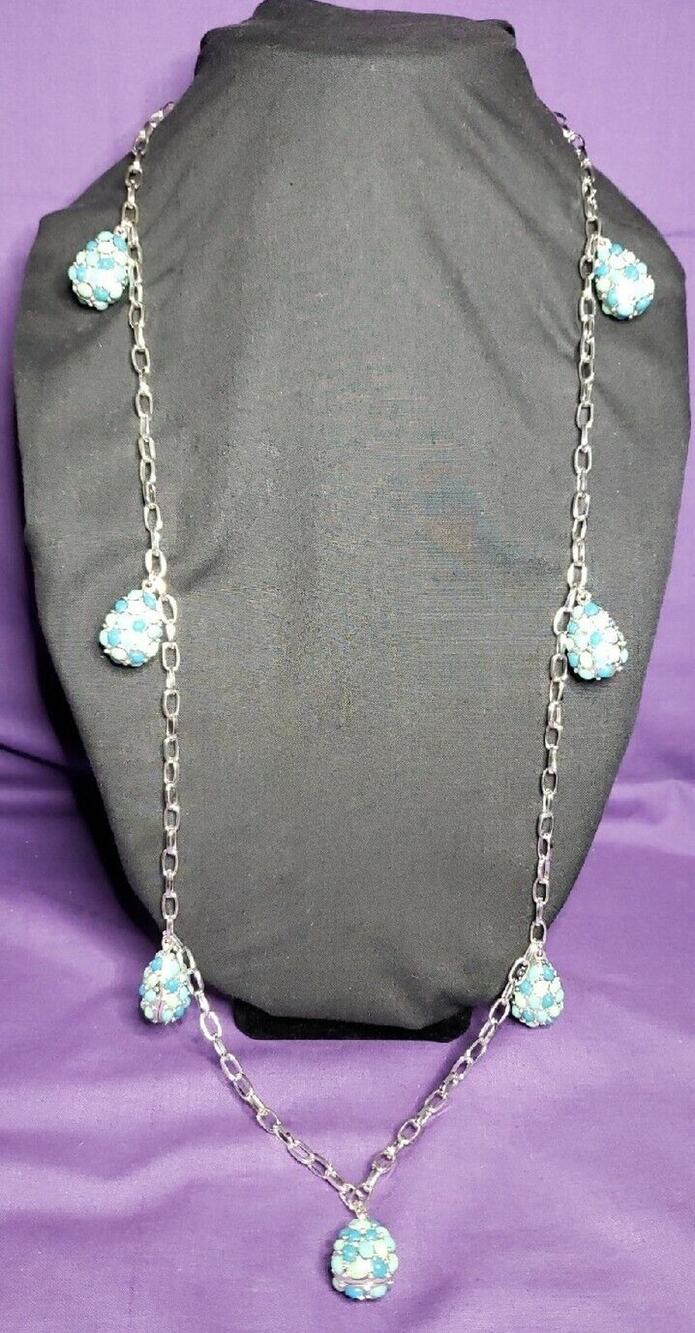 Liz Claiborne Signed Long Silver Tone Necklace With 7 Blue & Green Egg Charms